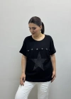 Kısa Kol Fileli Yıldız Desenli Siyah Bluz