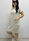 Çizgili İki Yandan Cepli Kısa Kol Bej Rengi Pamuklu Elbise