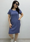 Çizgili İki Yandan Cepli Kısa Kol Mavi Renk Pamuklu Elbise