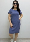 Çizgili İki Yandan Cepli Kısa Kol Mavi Renk Pamuklu Elbise