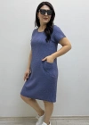 Çizgili İki Yandan Cepli Kısa Kol Mavi Renk Pamuklu Elbise