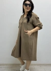 Dirsek Kol İki Yandan Cepli Kahverengi Müslin Elbise