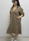 Dirsek Kol İki Yandan Cepli Kahverengi Müslin Elbise
