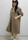Dirsek Kol İki Yandan Cepli Kahverengi Müslin Elbise