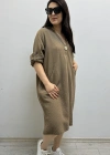 Dirsek Kol İki Yandan Cepli Kahverengi Müslin Elbise