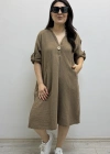 Dirsek Kol İki Yandan Cepli Kahverengi Müslin Elbise