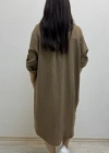 Dirsek Kol İki Yandan Cepli Kahverengi Müslin Elbise