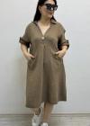 Dirsek Kol İki Yandan Cepli Kahverengi Müslin Elbise