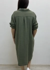 Dirsek Kol İki Yandan Cepli Haki Yeşil Müslin Elbise