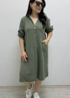 Dirsek Kol İki Yandan Cepli Haki Yeşil Müslin Elbise