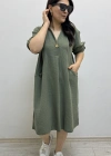 Dirsek Kol İki Yandan Cepli Haki Yeşil Müslin Elbise