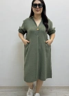 Dirsek Kol İki Yandan Cepli Haki Yeşil Müslin Elbise