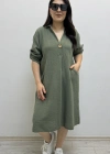 Dirsek Kol İki Yandan Cepli Haki Yeşil Müslin Elbise