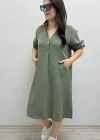 Dirsek Kol İki Yandan Cepli Haki Yeşil Müslin Elbise
