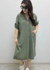 Dirsek Kol İki Yandan Cepli Haki Yeşil Müslin Elbise