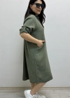 Dirsek Kol İki Yandan Cepli Haki Yeşil Müslin Elbise