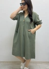 Dirsek Kol İki Yandan Cepli Haki Yeşil Müslin Elbise