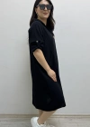 Dirsek Kol İki Yandan Cepli Siyah Renk Müslin Elbise