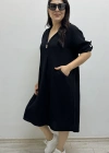 Dirsek Kol İki Yandan Cepli Siyah Renk Müslin Elbise
