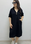 Dirsek Kol İki Yandan Cepli Siyah Renk Müslin Elbise