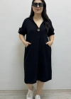 Dirsek Kol İki Yandan Cepli Siyah Renk Müslin Elbise