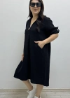 Dirsek Kol İki Yandan Cepli Siyah Renk Müslin Elbise