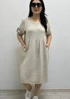 Dirsek Kol Yuvarlak Yaka Cepli Bej Rengi Müslin Elbise
