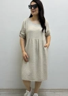 Dirsek Kol Yuvarlak Yaka Cepli Bej Rengi Müslin Elbise