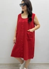 Kalın Askılı Püskül Dikişli Cepli Pamuklu Kırmızı Elbise