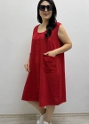 Kalın Askılı Püskül Dikişli Cepli Pamuklu Kırmızı Elbise