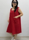 Kalın Askılı Püskül Dikişli Cepli Pamuklu Kırmızı Elbise