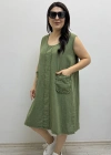 Kalın Askılı Püskül Dikişli Cepli Pamuklu Haki Yeşil Elbise