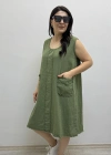Kalın Askılı Püskül Dikişli Cepli Pamuklu Haki Yeşil Elbise