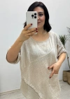 Asimetrik Kesim Etek Ucu File Detaylı Krem Bluz