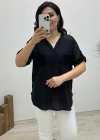 Dirsek Kol File Detaylı Siyah Pamuklu Bluz