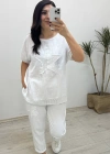 File Detaylı Beyaz Keten Takım