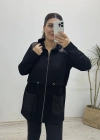 File Detaylı Kapüşonlu Uzun Ceket