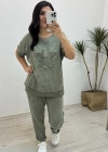File Detaylı Yeşil Keten Takım