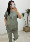 File Detaylı Yeşil Keten Takım