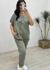 File Detaylı Yeşil Keten Takım