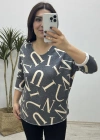 Harf Desenli İthal Gri Bluz