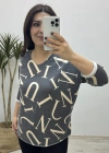 Harf Desenli İthal Gri Bluz