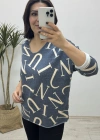 Harf Desenli İthal Mavi Bluz