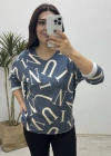 Harf Desenli İthal Mavi Bluz
