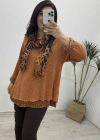 İthal Fularlı Tarçın Rengi İkili Bluz