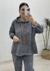 İthal Kapüşonlu Gri Kadife Takım