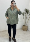 İthal Nakış İşlemeli Kapitone Haki Yeşil Ceket