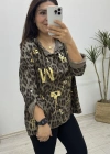 Kapüşonlu Leopar Desenli Acıkahve Gömlek Bluz