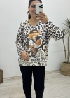 Leopar Desenli Ayıcık Baskılı Yumoş Bluz