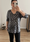 Leopar Desenli Gri Renk İthal Bluz